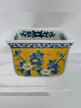 Takahashi Kutani Miniature Bowl Planter Hand Painted Yellow & Cobalt Blue w Bird